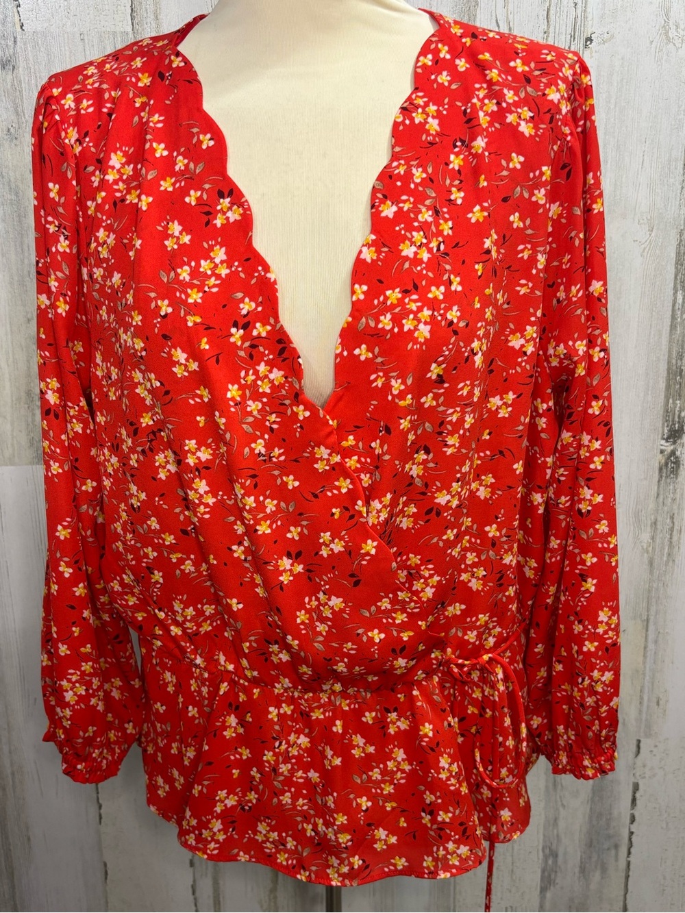 nine britton Red Floral Scallop-Edge Wrap Long Sleeve Blouse